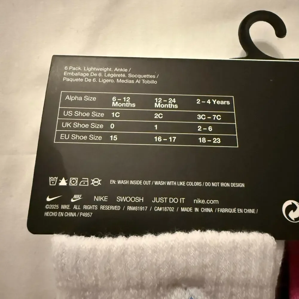 Nike Baby 6 Pk Multicolor Ankle Cotton Cushion Swoosh Logo Sock Set Sz 6-12 MO